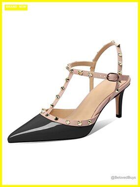 Studded Kitten Heel Sandals Pointy Toe Slingback Ankle Strap Heels